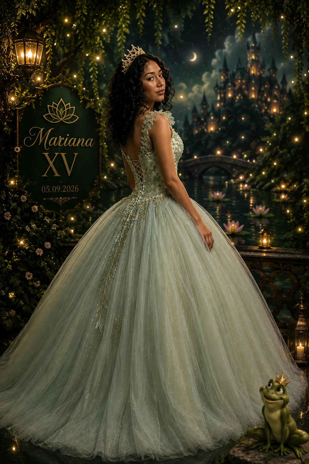 Mariana con vestido verde de quinceañera y corona dorada, junto a un estanque iluminado